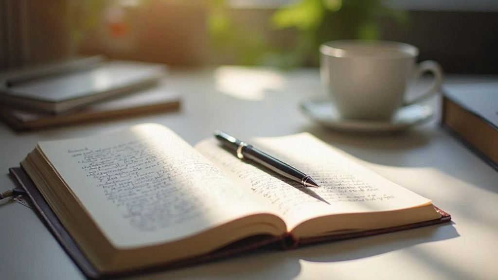 Open boek met aantekeningen op een bureau met koffiekopje en pen