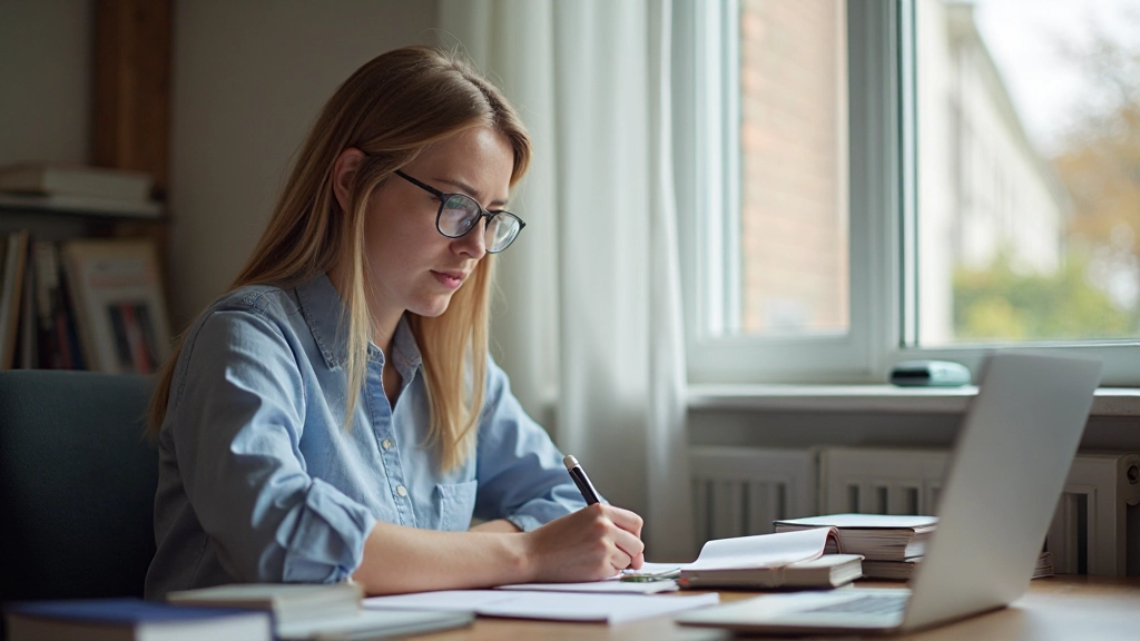 Persoon in concentratie, studerend aan een tafel met boeken en notitieboek
