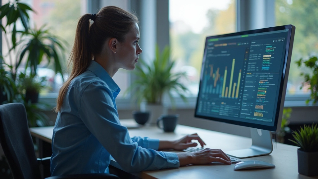 Persoon aan het werk met grafieken en gegevens op computerscherm in modern kantoor