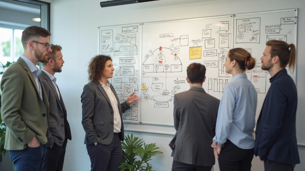 Team in discussie rond een whiteboard met ideeën en diagrammen geschreven